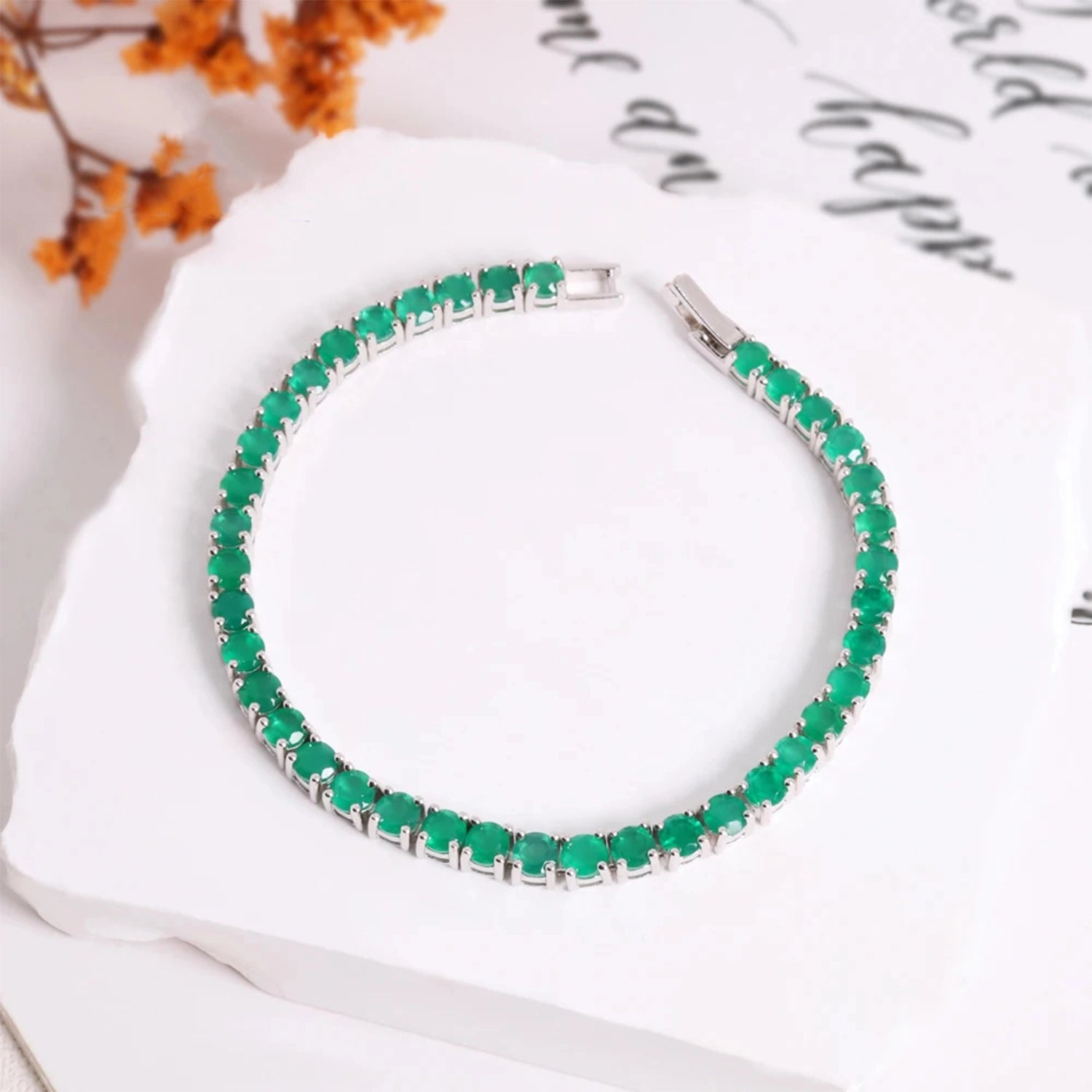 Green Agate Round Silver Bracelet